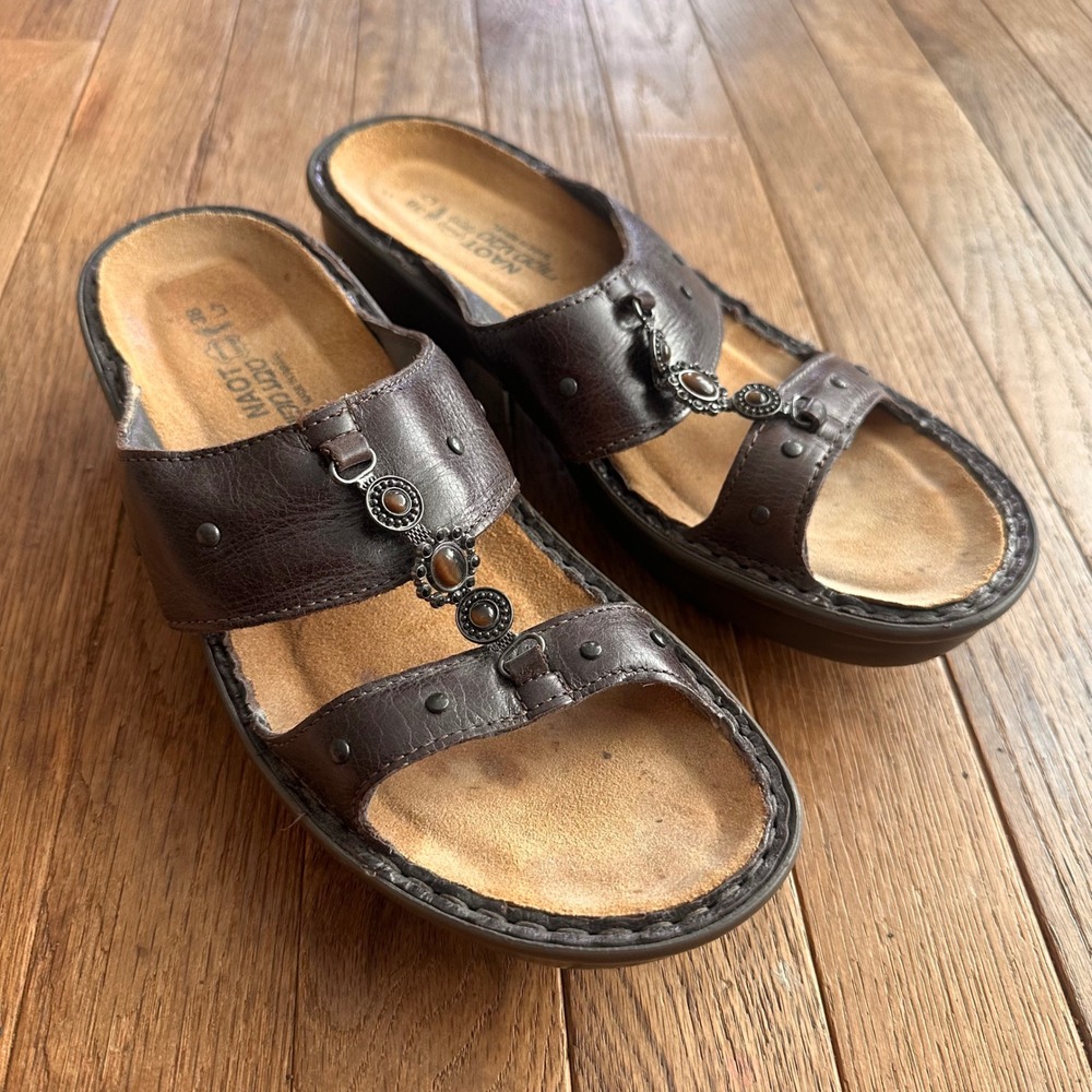 Naot Leather Y2K Slide Sandals Womens EU 38 US 7 Embellished Wedge Brown Casual